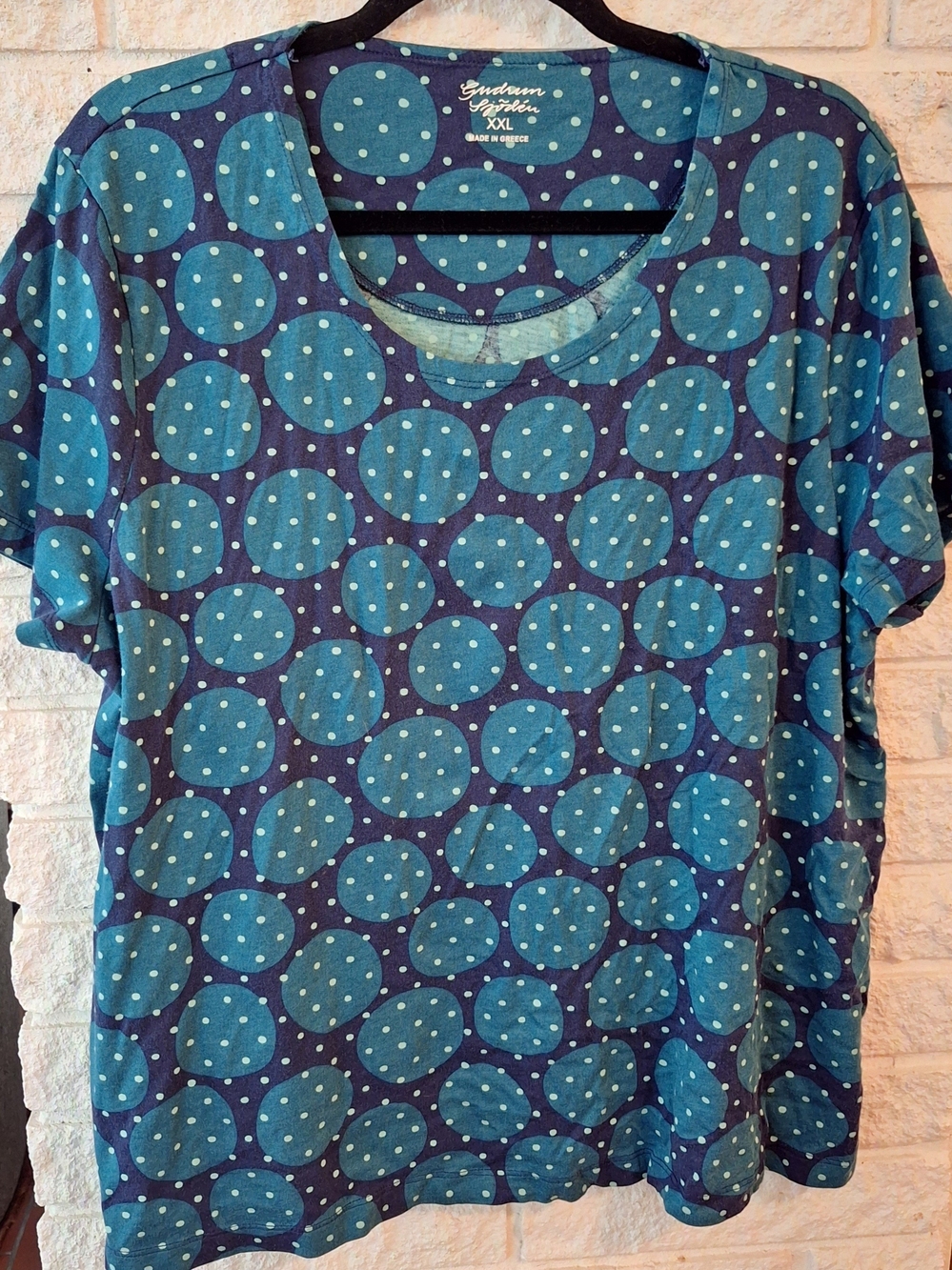 Gudrun Sjoden Navy and Teal Polka Dot Short Sleeve Top
